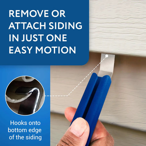 Vinyl Siding Removal Tool Kit Pack Of 2 One Piece Steel Zip Tools showing blue handle and hook under siding panel.