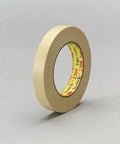 Pro Grade Tan Masking Tape 36mm x 55m 5.3 Mil Easy Tear Quick Stick Adhesive, roll standing on side view