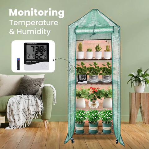 Four Tier Indoor Mini Greenhouse with Grow Lights 32W Full Spectrum Plant Light with Timer, Adjustable Shelves in Home Setting