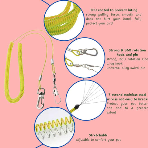 Detailed view of Bird Diaper Harness And Leash Set For Small To Medium Birds with yellow TPU coated stretch leash and stainless steel hook.