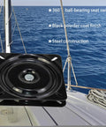 Close-up of Two Pack 7 Inch Square Boat Seat Swivel Mount Plate For Outdoor Furniture and Bar Stools With Rock Solid 360 Degree Smooth Spin Heavy Duty Marine Grade Replacement Brackets on a boat deck.