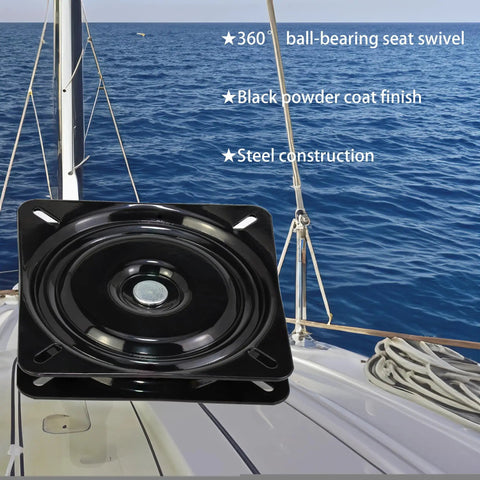 Close-up of Two Pack 7 Inch Square Boat Seat Swivel Mount Plate For Outdoor Furniture and Bar Stools With Rock Solid 360 Degree Smooth Spin Heavy Duty Marine Grade Replacement Brackets on a boat deck.