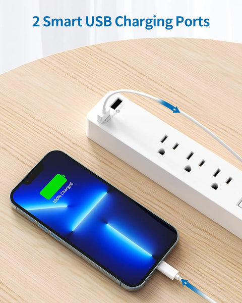 Ultra Thin 15 Ft Flat Extension Cord With 3 Outlets And 2 USB Ports, Wall Mount Power Strip, charging a smartphone