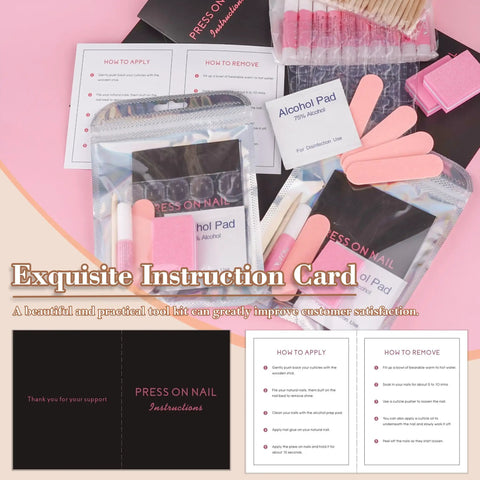 Disposable Press On Nail Prep Kit For Salon Biz, 50-Set with instruction card, holographic bag, glue, and tools