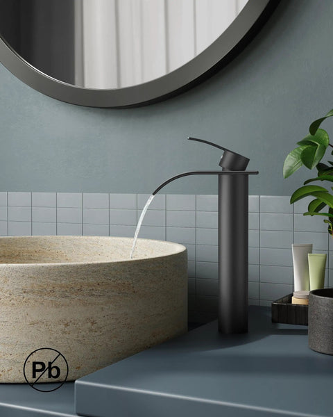 Matte Black Waterfall Bathroom Vessel Sink Faucet With Pop Up Drain Lead Free cUPC Hose Single Handle Tall 11 Inch 1 Hole Faucet For Vessel Sinks