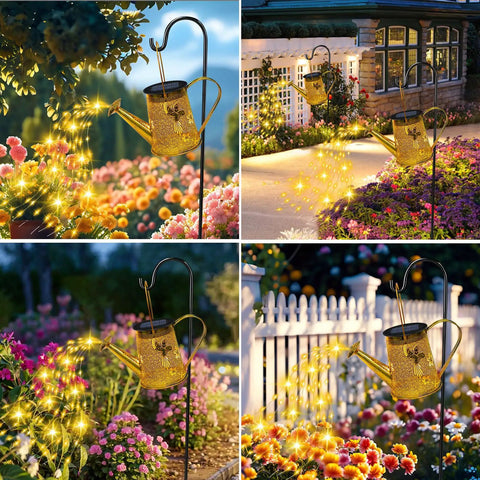Solar Hummingbird Watering Can Lantern Lights For Outdoor Garden Decor Hanging Metal Waterproof Pathway Light With Rain Shower Effect