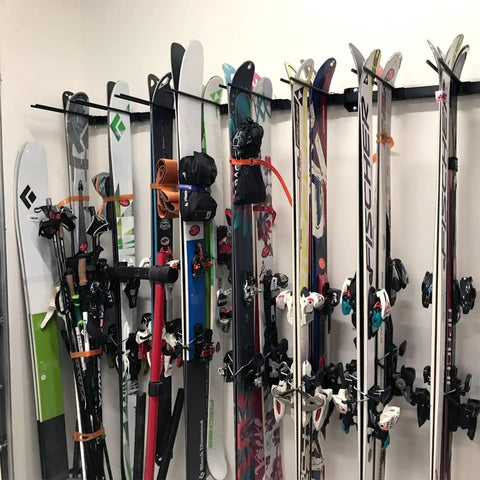 Heavy Duty Wall Mount Ski Storage Rack Designed To Hang Ten Pairs Of Skis And Poles With A Tough Three Hundred Pound Weight Capacity For All Your Gnarly Daytime Runs.