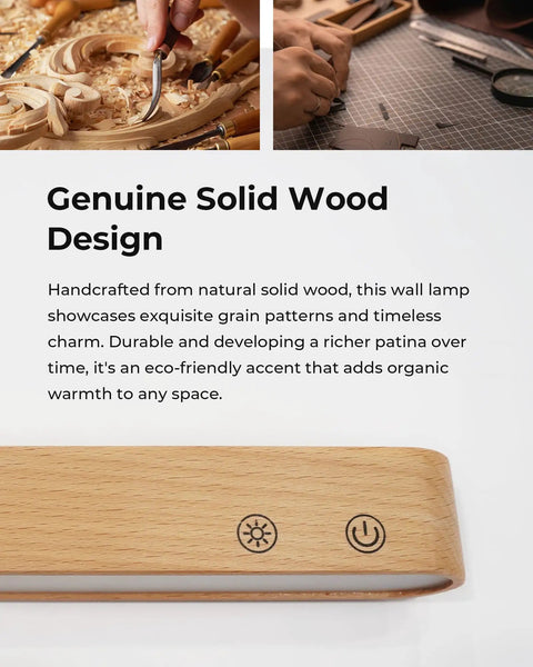 Dope Rechargeable Wood Wall Sconce With Remote And Touch Dimmer close-up showing solid wood design and touch buttons.