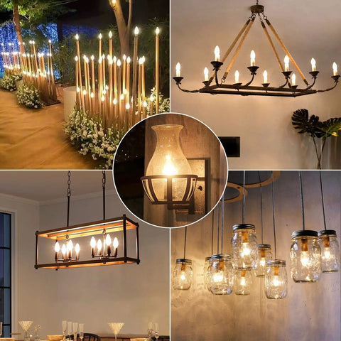 Retro Style Incandescent B10 Light Bulbs 40W 380 Lumens Clear Dimmable E12 Edison Candle Bulbs For Chandeliers And Ceiling Fans 2500K Warm White 12 Pack illuminating various decorative settings