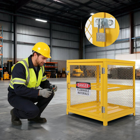Worker with Heavy Duty Hazardous Material Storage Cabinet for Propane Tanks with Lock and Guardrails in industrial setting