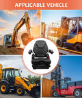 Close-up of TICSEA tractor suspension seat, black high-back with armrests and seatbelt.
