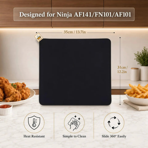 Sliding Mat For Air Fryer AF141 AF101 FN101 With Smooth Glide Anti Slip Base Hanging Strap Easy Clean And Countertop Protection Sturdy Accessory Mat For Air Fryer Accessories shown on countertop with dimensions marked.