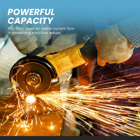 Worker using power grinder, illustrating the power capacity of 14 3 Wire SJOOW Bulk Electrical Cable Heavy Duty Outdoor Extension Cord For Generator And HVAC 15A 300V Water And Oil Resistant 250 Ft Weatherproof Jacket Built For Rough Outdoor Jobs