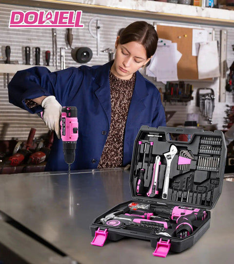 Woman using Pink 147 Piece Tool Kit With Twelve Volt Cordless Drill And Three Eighth Inch Keyless Chuck Built In LED Type C