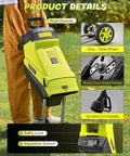 Corded Electric Wood Chipper Shredder With 15 Amp Motor And 1.75 Inch Cutting Capacity shown with wheels and safety features