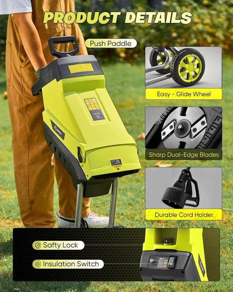 Corded Electric Wood Chipper Shredder With 15 Amp Motor And 1.75 Inch Cutting Capacity shown with wheels and safety features