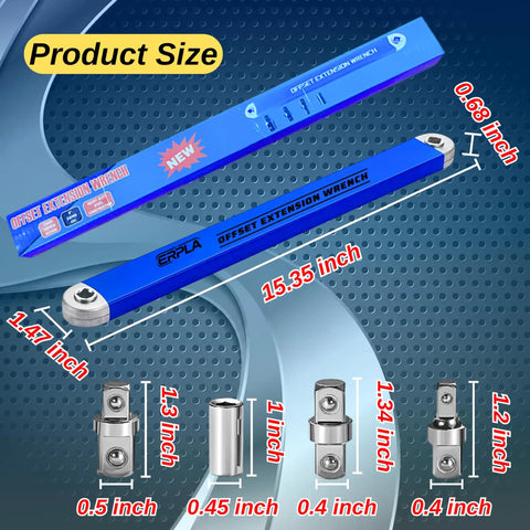 Offset Extension Wrench Set With Chain Driven Ratchet, 15.4 Inch Reach, blue alloy steel tool with 1/4, 3/8, 1/2 adapters