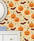 Halloween Botanical Peel And Stick Wallpaper Self Adhesive Removable Wall Decor Large Roll with pumpkins and bats covering 14 square feet.