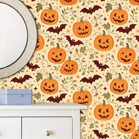 Halloween Botanical Peel And Stick Wallpaper Self Adhesive Removable Wall Decor Large Roll with pumpkins and bats covering 14 square feet.