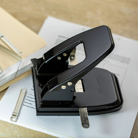 2 Hole Punch For 30 Sheet Capacity With One Quarter Inch Holes Workhorse Desk Accessory Black Heavy Duty Paper Puncher on documents