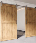 Brushed Nickel Non-Bypass Sliding Barn Door Hardware Kit For Double Doors, 10ft Long Flat Track, Classic Roller Design installed