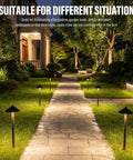 Low Voltage Pathway Lights 6 Pack Outdoor Landscape Lighting 12V 10W 2700K Warm White Die Cast Aluminum Housing For Walkways Patios Yards Gardens Easy Install For Outdoor Decor illuminating a garden path at night.