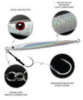 High Impact Saltwater Fishing Jigs For Speed Jigging With Barbed Hooks And Solid Lead Core Built For Rapid Drop Offshore Casting And Slick Rolling Action With Top Shelf Tackle Power In Shiny Silver, showing lifelike eyes and reflective finish.