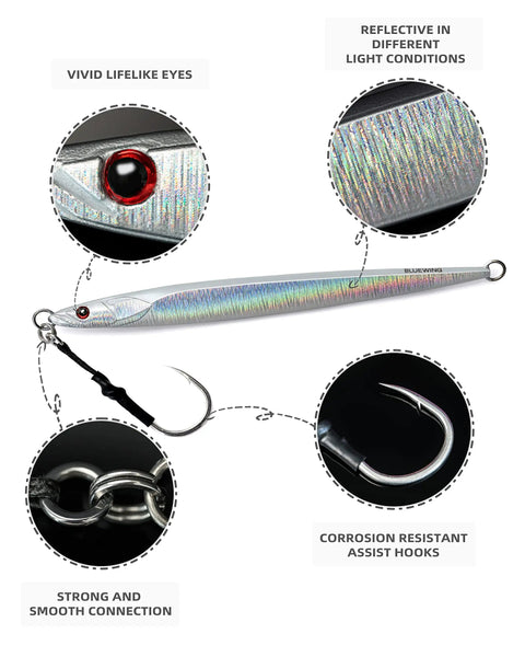 High Impact Saltwater Fishing Jigs For Speed Jigging With Barbed Hooks And Solid Lead Core Built For Rapid Drop Offshore Casting And Slick Rolling Action With Top Shelf Tackle Power In Shiny Silver, showing lifelike eyes and reflective finish.