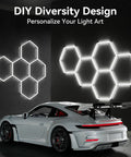 Hexagon Garage Light With Ultra Bright 38880 Lumen Output, 6500K Daylight White, mounted on wall above white car