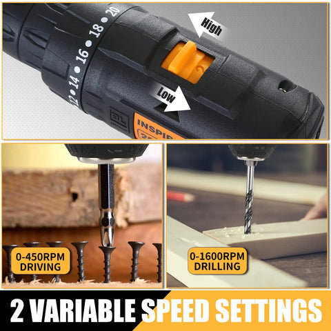 Variable speed settings on Your Go To Cordless Brushless Drill Kit 20V with 2Ah battery and charger.