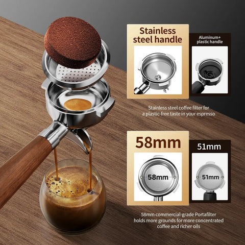 Heavy Duty Semi Automatic Espresso Maker With 15Bar Extraction Power And Quick Dial Milk Frother Steam Wand For Dope Shot Pulls And No Hassle Home Kitchen Setup featuring a 58mm portafilter and coffee brewing.