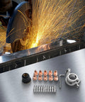 Solid 22 Piece Plasma Cutter Consumables Kit For Trafimet S45 And S25 Torches, featuring copper tips and accessories on a metal surface.