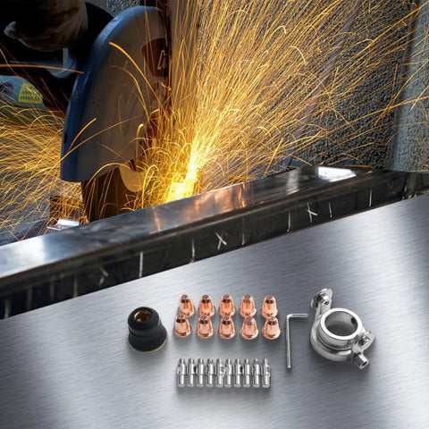 Solid 22 Piece Plasma Cutter Consumables Kit For Trafimet S45 And S25 Torches, featuring copper tips and accessories on a metal surface.