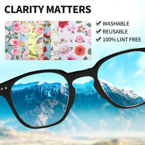 Front view of microfiber cleaning cloths with multicolor floral pattern (7x6 in) next to black eyeglasses.