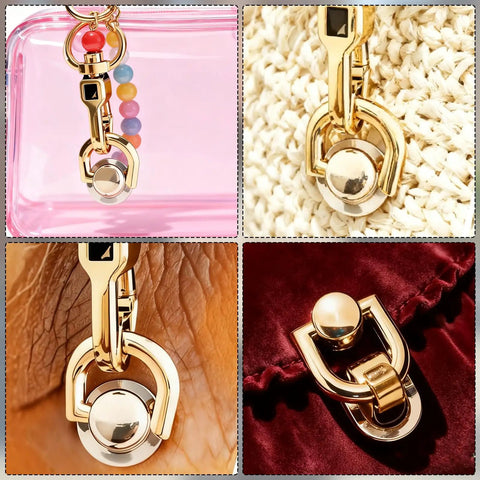 Close-up of gold D-ring from 4 Pcs D Ring Rivets For Leather Purses 360 Degree Rotatable Crossbody Conversion Kit on various textures.