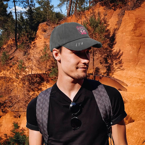Person wearing Its My 16th Birthday Dope Lightweight Low Profile Cap For Women Dark Grey Adjustable Buckle Back Strap Unstructured Hat.
