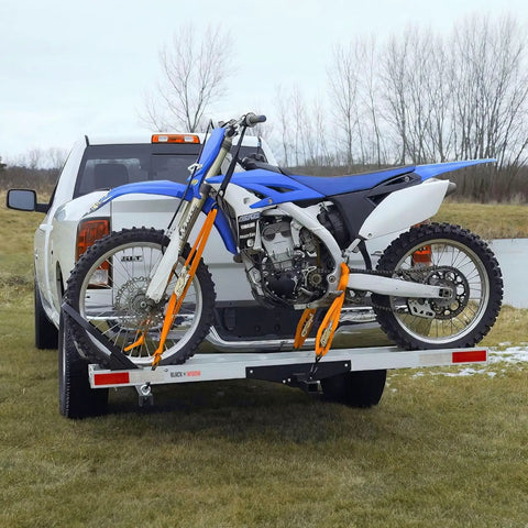 Motorcycle Hitch Carrier With Wheel Chock And Loading Ramp, Beefy Aluminum Build, 400 Lb Capacity, Anti-Rattle Design installed on truck
