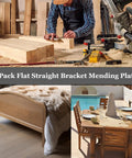 Rock Solid Heavy Duty Wood Furniture Corner Braces Stainless Steel Mending Plates With Screws 4 Pack used for reinforcing furniture in workshop.