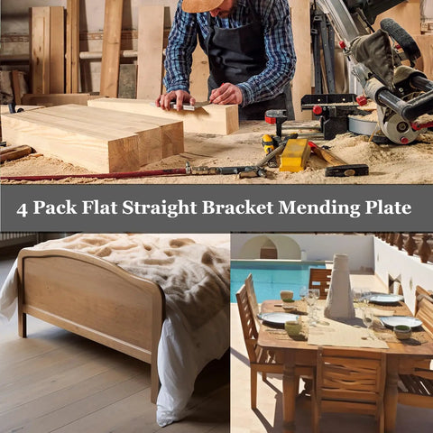 Rock Solid Heavy Duty Wood Furniture Corner Braces Stainless Steel Mending Plates With Screws 4 Pack used for reinforcing furniture in workshop.