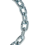 Close-up of 3/16 Inch by 10 Foot Grade 30 Welded Proof Coil Chain, Zinc Plated Electro Galvanized, showing welded links.