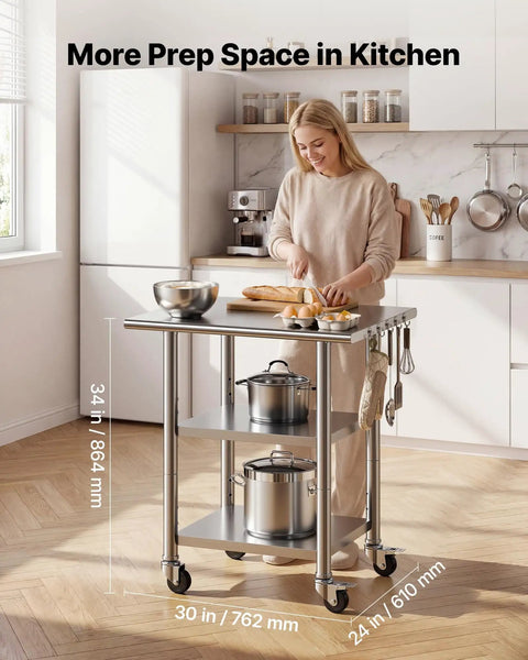 Stainless Steel Commercial Kitchen Work Table 24x30 With Wheels Two Shelf Heavy Duty Built Tough Utility Prep Table For Restaurant