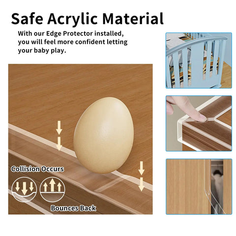 Demo of Straight Up Protection Ninja Soft Clear Edge Corner Protectors Baby Proofing Strips on wooden table with egg.