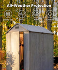 4x6 Foot Plastic Outdoor Storage Shed With Floor Lockable Door Vents UV Resistant Resin Durable Backyard Garden Shed For Lawn Mower And Gear Dark Grey in a sunny outdoor setting showing its all-weather protection features.