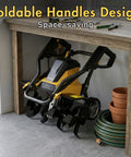 Powerful 13.5 Amp Electric Tiller Cultivator with foldable handles stored under table