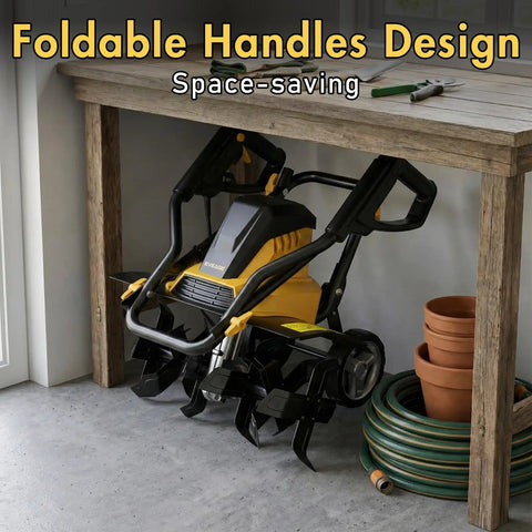 Powerful 13.5 Amp Electric Tiller Cultivator with foldable handles stored under table