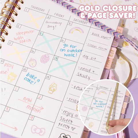 Hello Kitty Pink Gold Foil Journal Set for Girls showing calendar spread with monthly tabs and gold closure detail.