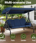 Three Seat Outdoor Porch Swing With Adjustable Canopy And 2 In 1 Convertible Bed For Backyard Blue With Cup Holder And Pillow A Comfy Patio Glider For Adults on patio