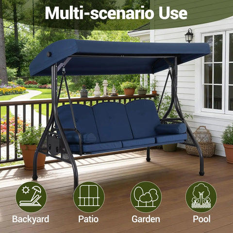 Three Seat Outdoor Porch Swing With Adjustable Canopy And 2 In 1 Convertible Bed For Backyard Blue With Cup Holder And Pillow A Comfy Patio Glider For Adults on patio