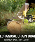 80V Brushless Cordless Chainsaw With 18 Inch Bar And Smart Auto Oiler shown in action with chain brake for safety on log.