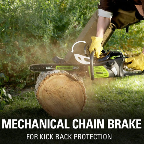80V Brushless Cordless Chainsaw With 18 Inch Bar And Smart Auto Oiler shown in action with chain brake for safety on log.